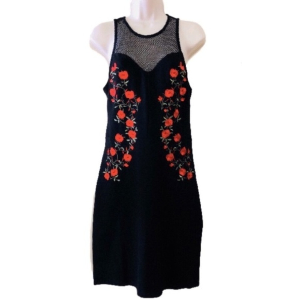 DEREK HEART Black Red Floral Fishnet Dress Large